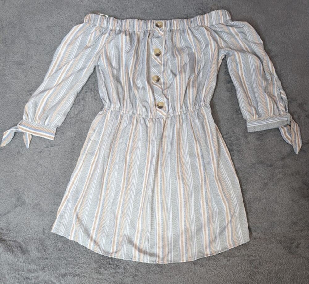 HINT OF BLUSH  babydoll off shoulder dress small striped blue brown black
